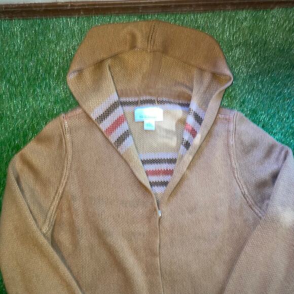 Tan Hooded Sweater Cardigan Coat Jacket Snap Front Stripes - Picture 2 of 4